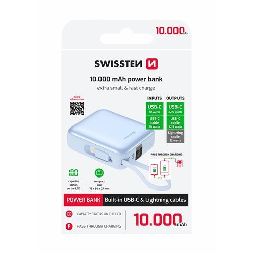 SWISSTEN PowerBank 10000mAh ΜΠΛΕ Χρώμα